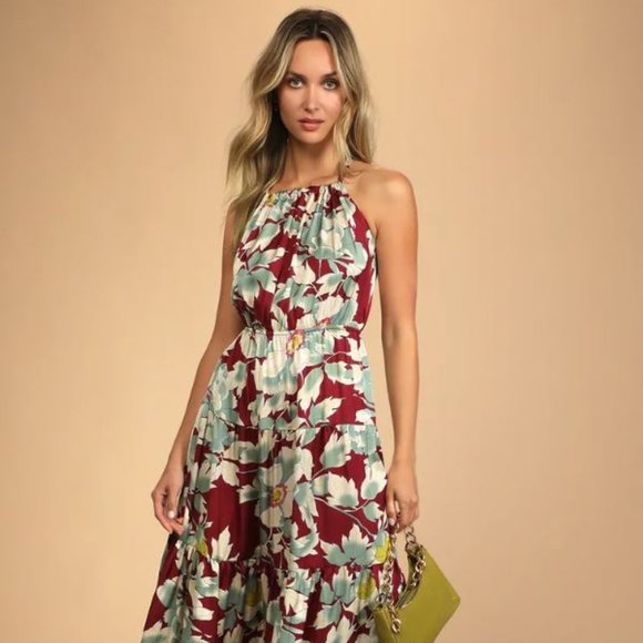 Nwt Lulu's Boho Burgundy Floral Print Tie-Back Tiered Maxi Dress - Picture 2 of 6